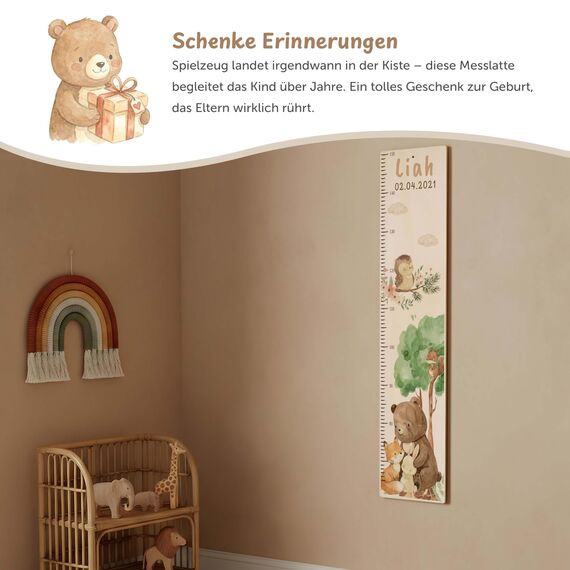 Kidsmood - Personalisierte Messlatte Kinder aus Aluverbund – Hochwertige Messleiste & Wand-Deko für Kinderzimmer mit liebevollem Waldtiere – Tolles Taufgeschenk für Mädchen & Jungen - Skala 65-140cm