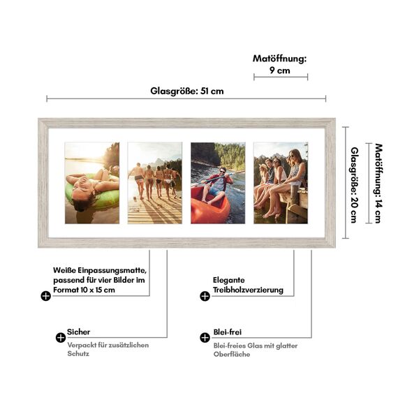 Americanflat Bilderrahmen Collage 10x15 cm Treibholz - Bilderrahmen 20x51 cm mit Passepartout für vier 10x15 cm Fotos - Fotorahmen für Mehrere Bilder der Familie - Verbundholz mit Bruchsicherem Glas