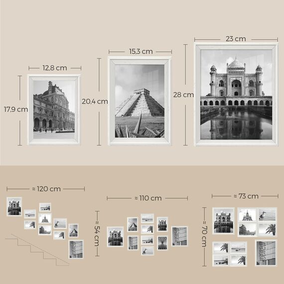 SONGMICS Bilderrahmen 10er Set, 16 Passepartouts, zwei 20 x 25 cm, vier 13 x 18 cm, vier 10 x 15 cm, aufhängen, aufstellen, Glas, 12 spurlose Wandhaken, wolkenweiß RPF049W01V1