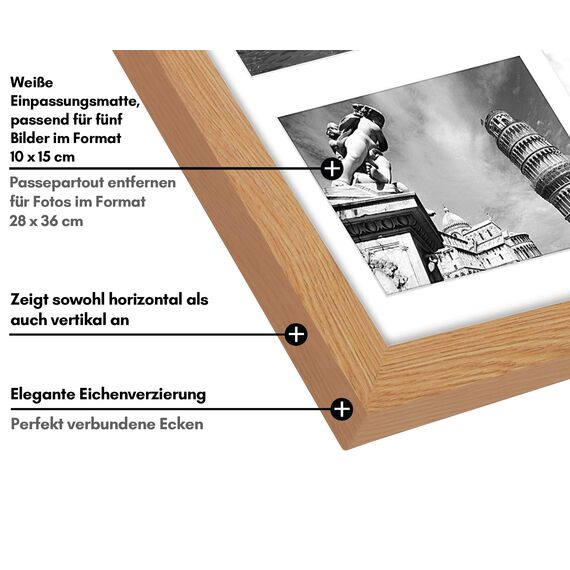 Americanflat Bilderrahmen Collage 10x15 cm Dunkle Eiche - Bilderrahmen 28x36 cm mit Passepartout für Fünf 10x15 cm Fotos - für Mehrere Bilder der Familie - Verbundholz mit Bruchsicherem Glas