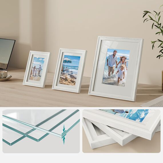 SONGMICS Bilderrahmen 10er Set, 16 Passepartouts, zwei 20 x 25 cm, vier 13 x 18 cm, vier 10 x 15 cm, aufhängen, aufstellen, Glas, 12 spurlose Wandhaken, wolkenweiß RPF049W01V1