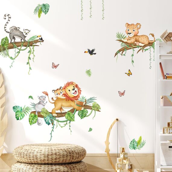 Tanlaby Tier auf Baum Wandsticker Dschungeltier Wandtattoo Löwe Leopard Lemur Wandaufkleber Selbstklebend Abnehmbare Wand Kunst Aufkleber für Kinderzimmer Kinderzimmer Spielzimmer Wanddekoration