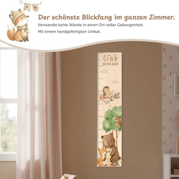 Kidsmood - Personalisierte Messlatte Kinder aus Aluverbund – Hochwertige Messleiste & Wand-Deko für Kinderzimmer mit liebevollem Waldtiere – Tolles Taufgeschenk für Mädchen & Jungen - Skala 65-140cm