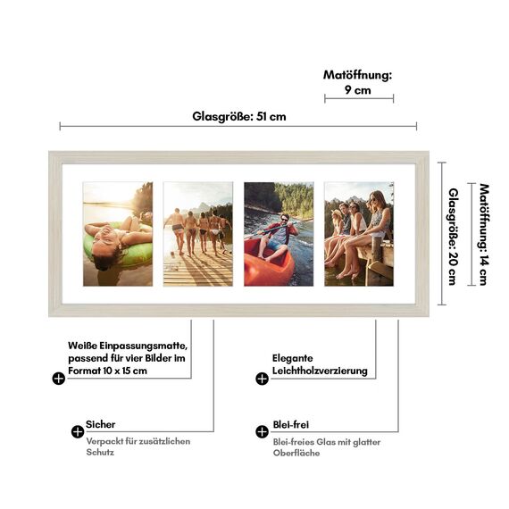 Americanflat Bilderrahmen Collage 10x15 cm Helles Holz - Bilderrahmen 20x51 cm mit Passepartout für vier 10x15 cm Fotos - Fotorahmen für Mehrere Bilder der Familie - Verbundholz mit Bruchsicherem Glas