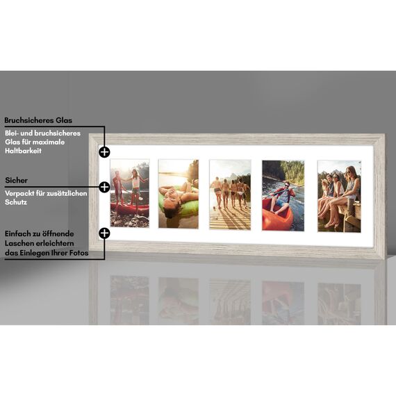 Americanflat Bilderrahmen Collage 10x15 cm Treibholz - Bilderrahmen 20x61 cm mit Passepartout für Fünf 10x15 cm Fotos - Fotorahmen für Mehrere Bilder der Familie - Verbundholz mit Bruchsicherem Glas
