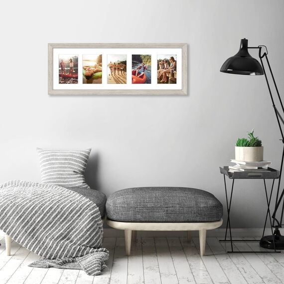 Americanflat Bilderrahmen Collage 10x15 cm Treibholz - Bilderrahmen 20x61 cm mit Passepartout für Fünf 10x15 cm Fotos - Fotorahmen für Mehrere Bilder der Familie - Verbundholz mit Bruchsicherem Glas