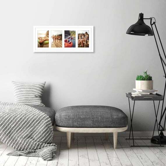 Americanflat Bilderrahmen Collage 10x15 cm Weiß - Bilderrahmen 20x51 cm mit Passepartout für vier 10x15 cm Fotos - Fotorahmen für Mehrere Bilder der Familie - Verbundholz mit Bruchsicherem Glas