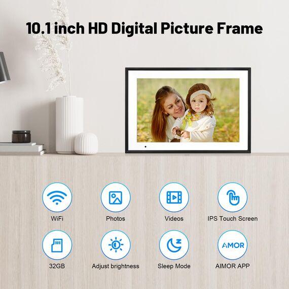 Digitaler Bilderrahmen 10.1 Zoll WLAN Digitale Bilderrahmen IPS HD Touchscreen Smart Cloud Fotorahmen, Auto-Rotate, einfache Einrichtung zum Teilen von Fotos oder Videos aus der Ferne über die AiMOR