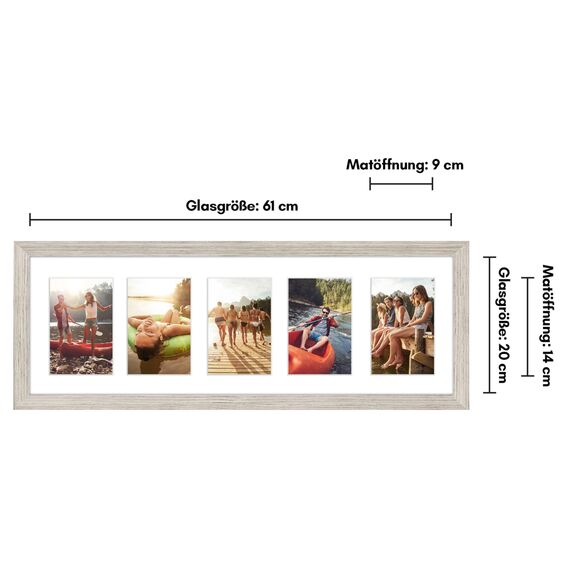 Americanflat Bilderrahmen Collage 10x15 cm Treibholz - Bilderrahmen 20x61 cm mit Passepartout für Fünf 10x15 cm Fotos - Fotorahmen für Mehrere Bilder der Familie - Verbundholz mit Bruchsicherem Glas