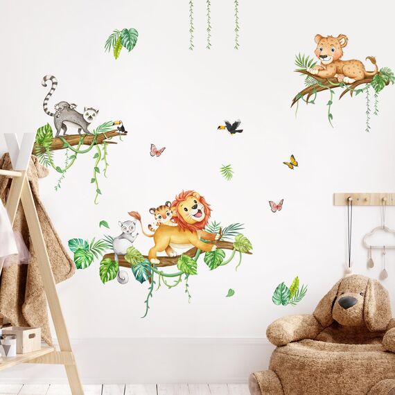 Tanlaby Tier auf Baum Wandsticker Dschungeltier Wandtattoo Löwe Leopard Lemur Wandaufkleber Selbstklebend Abnehmbare Wand Kunst Aufkleber für Kinderzimmer Kinderzimmer Spielzimmer Wanddekoration