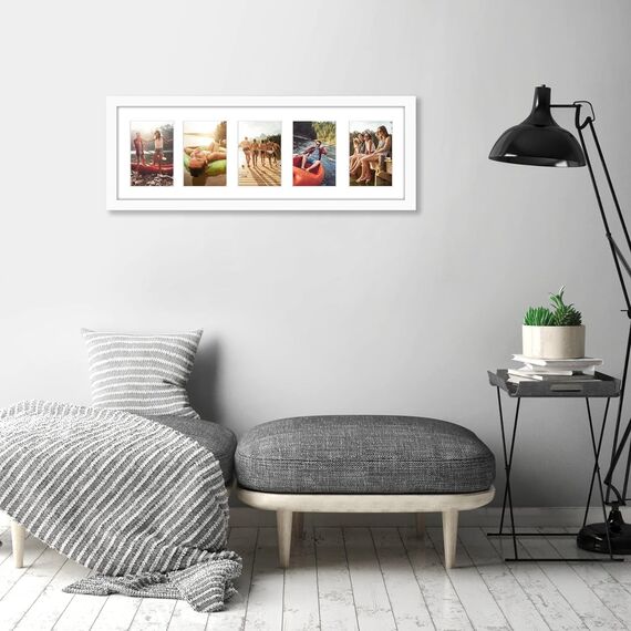 Americanflat Bilderrahmen Collage 10x15 cm Weiß - Bilderrahmen 20x61 cm mit Passepartout für Fünf 10x15 cm Fotos - Fotorahmen für Mehrere Bilder der Familie - Verbundholz mit Bruchsicherem Glas