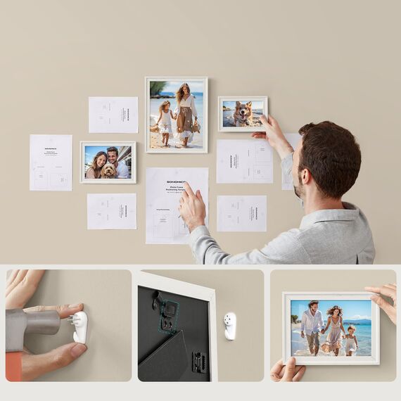 SONGMICS Bilderrahmen 10er Set, 16 Passepartouts, zwei 20 x 25 cm, vier 13 x 18 cm, vier 10 x 15 cm, aufhängen, aufstellen, Glas, 12 spurlose Wandhaken, wolkenweiß RPF049W01V1