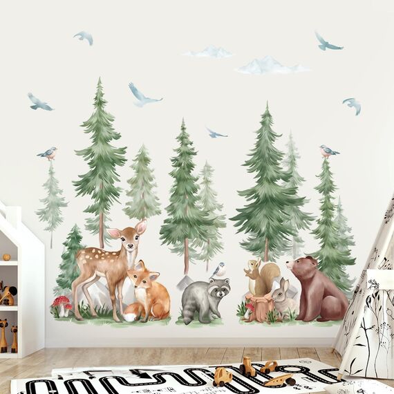 wondever Wandtattoo Waldtiere Kinderzimmer Wandaufkleber Baum Groß Reh Fuchs Bär Wandsticker Wanddeko für Kinderzimmer Babyzimmer Schlafzimmer