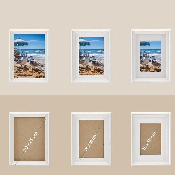 SONGMICS Bilderrahmen 10er Set, 16 Passepartouts, zwei 20 x 25 cm, vier 13 x 18 cm, vier 10 x 15 cm, aufhängen, aufstellen, Glas, 12 spurlose Wandhaken, wolkenweiß RPF049W01V1