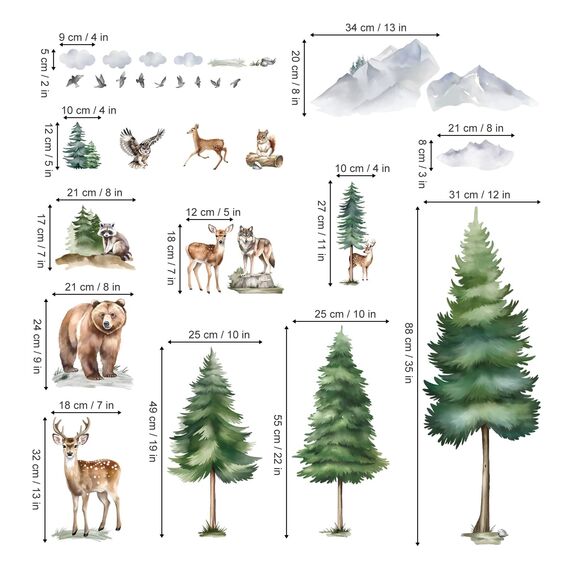 wondever Wandtattoo Waldtiere Baum Groß Wandaufkleber Hirsch Bär Wolf Wandsticker Wanddeko für Kinderzimmer Babyzimmer Schlafzimmer