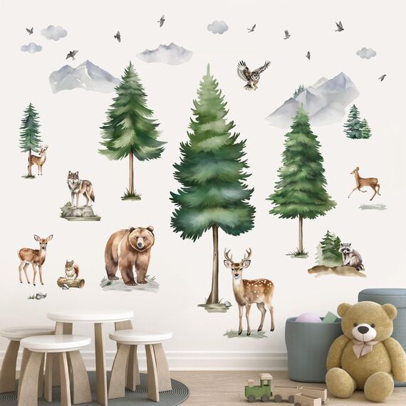 wondever Wandtattoo Waldtiere Baum Groß Wandaufkleber Hirsch Bär Wolf Wandsticker Wanddeko für Kinderzimmer Babyzimmer Schlafzimmer