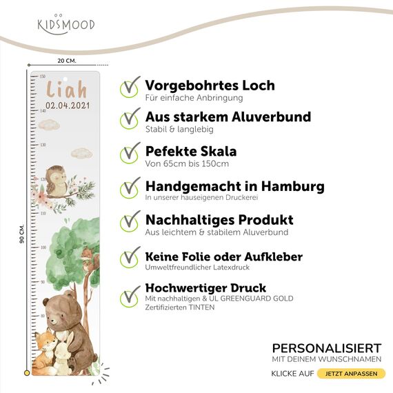 Kidsmood - Personalisierte Messlatte Kinder aus Aluverbund – Hochwertige Messleiste & Wand-Deko für Kinderzimmer mit liebevollem Waldtiere – Tolles Taufgeschenk für Mädchen & Jungen - Skala 65-140cm