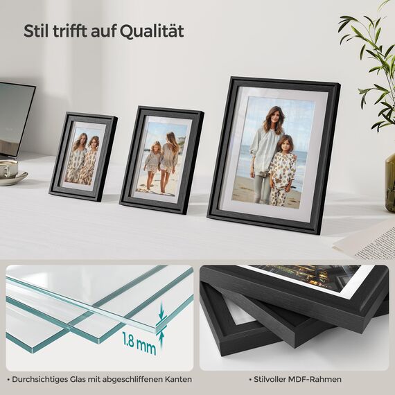 SONGMICS Bilderrahmen 10er Set, 16 Passepartouts, zwei 20 x 25 cm, vier 13 x 18 cm, vier 10 x 15 cm, aufhängen, aufstellen, Glas, 12 spurlose Wandhaken, aschschwarz RPF049B01