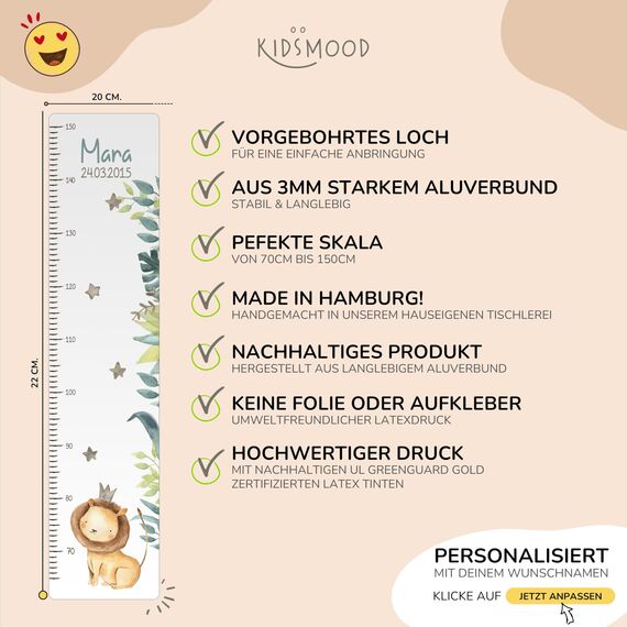 Kidsmood - Personalisierte Messlatte Kinder Aluverbund – Hochwertige Messleiste & Wand-Deko für Kinderzimmer mit abenteuerlichem Elefant – Tolles Taufgeschenk für Mädchen & Jungen (65-140cm)