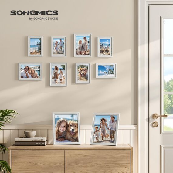 SONGMICS Bilderrahmen 10er Set, 16 Passepartouts, zwei 20 x 25 cm, vier 13 x 18 cm, vier 10 x 15 cm, aufhängen, aufstellen, Glas, 12 spurlose Wandhaken, wolkenweiß RPF049W01V1