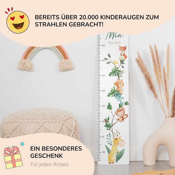 Kidsmood - Personalisierte Messlatte Kinder Aluverbund – Messleiste & Wand-Deko für Kinderzimmer mit abenteuerlichem Dschungel Tiere – Tolles Taufgeschenk für Mädchen & Jungen -(65-140cm)