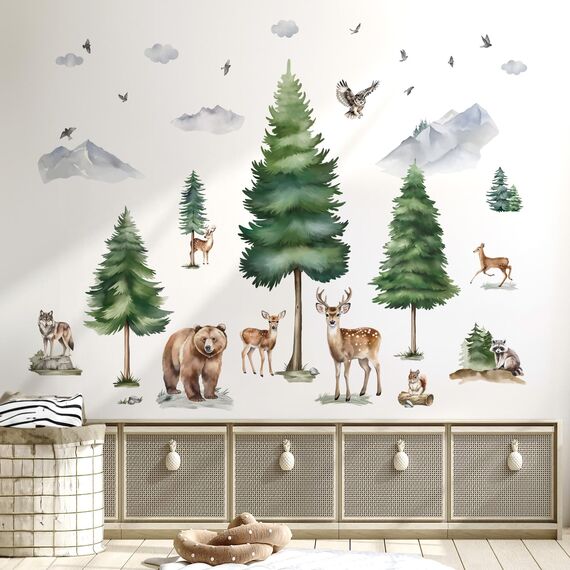 wondever Wandtattoo Waldtiere Baum Groß Wandaufkleber Hirsch Bär Wolf Wandsticker Wanddeko für Kinderzimmer Babyzimmer Schlafzimmer
