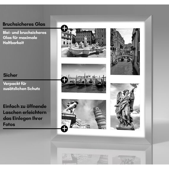 Americanflat Bilderrahmen Collage 10x15 cm Silber - Bilderrahmen 28x36 cm mit Passepartout für Fünf 10x15 cm Fotos - Fotorahmen für Mehrere Bilder der Familie - Verbundholz mit Bruchsicherem Glas