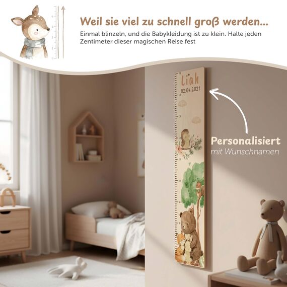 Kidsmood - Personalisierte Messlatte Kinder aus Aluverbund – Hochwertige Messleiste & Wand-Deko für Kinderzimmer mit liebevollem Waldtiere – Tolles Taufgeschenk für Mädchen & Jungen - Skala 65-140cm