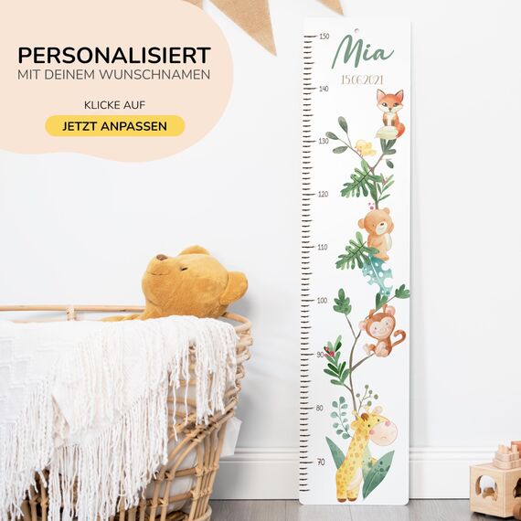 Kidsmood - Personalisierte Messlatte Kinder Aluverbund – Messleiste & Wand-Deko für Kinderzimmer mit abenteuerlichem Dschungel Tiere – Tolles Taufgeschenk für Mädchen & Jungen -(65-140cm)