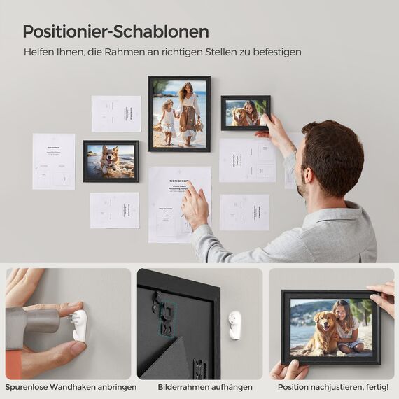 SONGMICS Bilderrahmen 10er Set, 16 Passepartouts, zwei 20 x 25 cm, vier 13 x 18 cm, vier 10 x 15 cm, aufhängen, aufstellen, Glas, 12 spurlose Wandhaken, aschschwarz RPF049B01