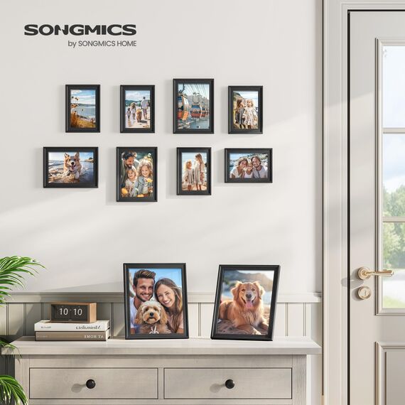 SONGMICS Bilderrahmen 10er Set, 16 Passepartouts, zwei 20 x 25 cm, vier 13 x 18 cm, vier 10 x 15 cm, aufhängen, aufstellen, Glas, 12 spurlose Wandhaken, aschschwarz RPF049B01