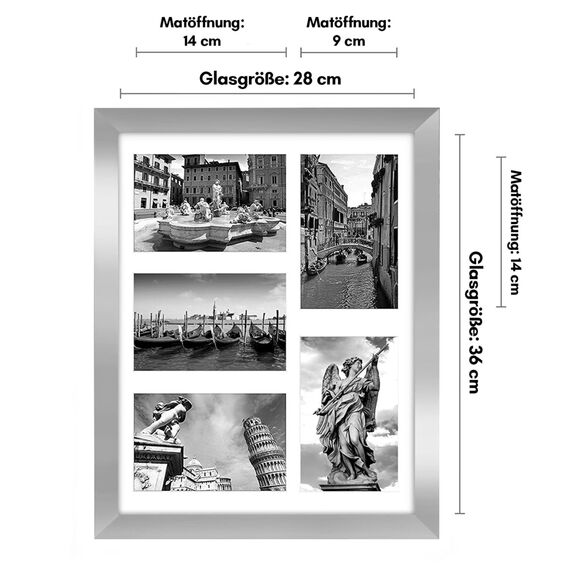 Americanflat Bilderrahmen Collage 10x15 cm Silber - Bilderrahmen 28x36 cm mit Passepartout für Fünf 10x15 cm Fotos - Fotorahmen für Mehrere Bilder der Familie - Verbundholz mit Bruchsicherem Glas