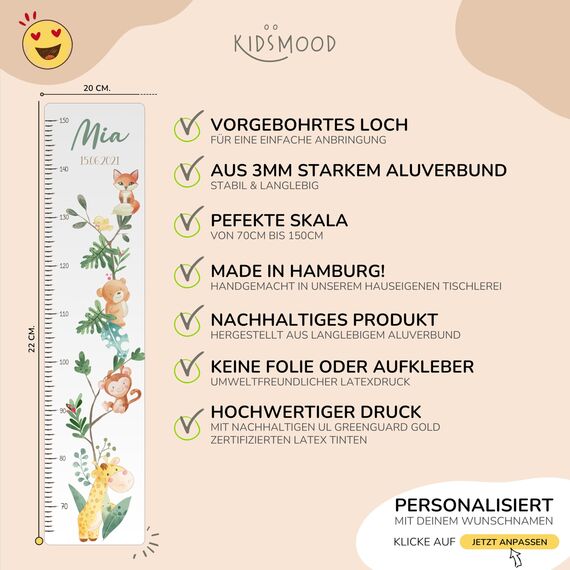 Kidsmood - Personalisierte Messlatte Kinder Aluverbund – Messleiste & Wand-Deko für Kinderzimmer mit abenteuerlichem Dschungel Tiere – Tolles Taufgeschenk für Mädchen & Jungen -(65-140cm)