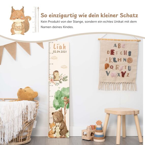 Kidsmood - Personalisierte Messlatte Kinder aus Aluverbund – Hochwertige Messleiste & Wand-Deko für Kinderzimmer mit liebevollem Waldtiere – Tolles Taufgeschenk für Mädchen & Jungen - Skala 65-140cm