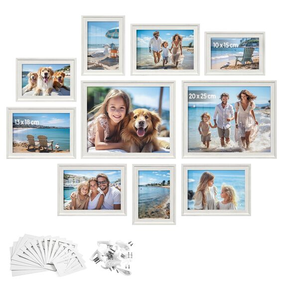 SONGMICS Bilderrahmen 10er Set, 16 Passepartouts, zwei 20 x 25 cm, vier 13 x 18 cm, vier 10 x 15 cm, aufhängen, aufstellen, Glas, 12 spurlose Wandhaken, wolkenweiß RPF049W01V1