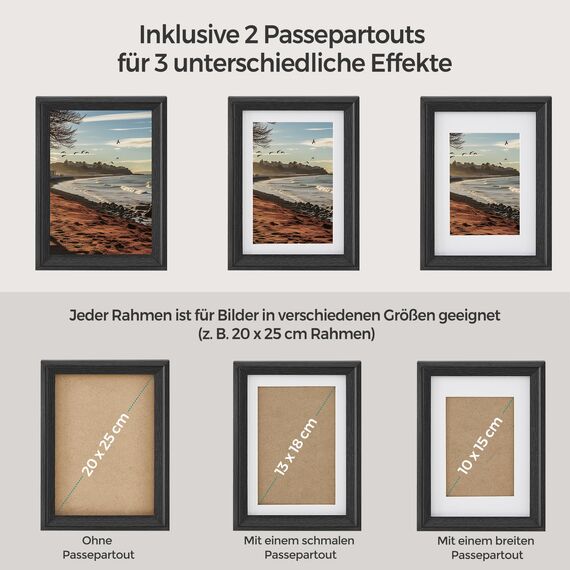 SONGMICS Bilderrahmen 10er Set, 16 Passepartouts, zwei 20 x 25 cm, vier 13 x 18 cm, vier 10 x 15 cm, aufhängen, aufstellen, Glas, 12 spurlose Wandhaken, aschschwarz RPF049B01