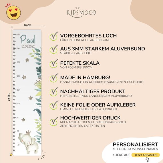 Kidsmood - Personalisierte Messlatte Kinder aus Aluverbund – Hochwertige Messleiste & Wand-Deko für Kinderzimmer mit abenteuerlichem Fuchs – Tolles Taufgeschenk für Mädchen & Jungen - Skala 65-140cm