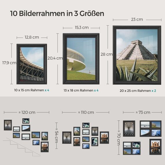 SONGMICS Bilderrahmen 10er Set, 16 Passepartouts, zwei 20 x 25 cm, vier 13 x 18 cm, vier 10 x 15 cm, aufhängen, aufstellen, Glas, 12 spurlose Wandhaken, aschschwarz RPF049B01