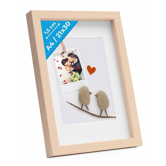 PHOTOLINI 3D Bilderrahmen zum Befüllen 21x30 A4 Natur, 1,5 cm tiefer Objektrahmen mit Glas, tiefer Bilderrahmen A4 21x30 Holz MDF mit Passepartout, Dicker 3D Rahmen befüllbar für Gegenstände Geschenk