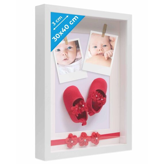 PHOTOLINI 3D Bilderrahmen zum Befüllen 30x40 Weiß groß, 3 cm tiefer Objektrahmen mit Glas, tiefer Bilderrahmen 30x40 Holz MDF mit Passepartout, Dicker 3D Rahmen befüllbar für Gegenstände Geschenk