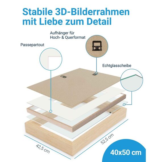 PHOTOLINI 3D Bilderrahmen zum Befüllen 40x50 Natur groß, 1,5 cm tiefer Objektrahmen mit Glas, 2X tiefer Bilderrahmen 40x50 Holz MDF mit Passepartout, Dicker 3D Rahmen befüllbar für Gegenstände