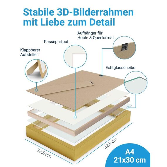 PHOTOLINI 3D Bilderrahmen zum Befüllen 21x30 A4 Gold, 1,5 cm tiefer Objektrahmen mit Glas, tiefer Bilderrahmen A4 21x30 Holz MDF mit Passepartout, Dicker 3D Rahmen befüllbar für Gegenstände Geschenk