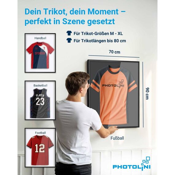 PHOTOLINI Bilderrahmen Trikotrahmen Fußball 70x90, Weißer Bilderrahmen für Trikot, Rahmen Trikot 90x70 mit Acrylglas zum Aufhängen, Jersey Frame mit zweifarbiger Rückwand & starkem Magnetsystem