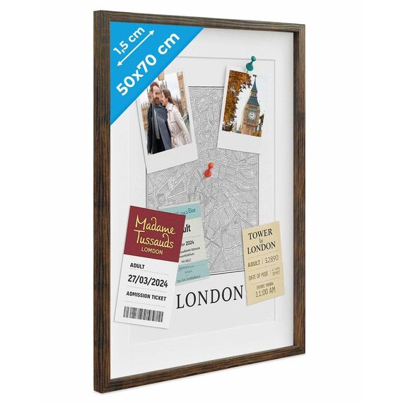 PHOTOLINI 3D Bilderrahmen zum Befüllen 50x70 Eiche dunkel groß, 1,5 cm tiefer Objektrahmen mit Glas, tiefer Bilderrahmen 50x70 Holz MDF mit Passepartout, Dicker 3D Rahmen befüllbar für Gegenstände