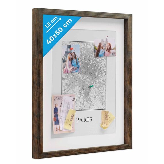 PHOTOLINI 3D Bilderrahmen zum Befüllen 40x50 Eiche dunkel groß, 1,5 cm tiefer Objektrahmen mit Glas, tiefer Bilderrahmen 40x50 Holz MDF mit Passepartout, Dicker 3D Rahmen befüllbar für Gegenstände