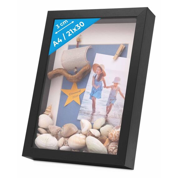 PHOTOLINI 3D Bilderrahmen zum Befüllen 21x30 A4 Schwarz, 3 cm tiefer Objektrahmen mit Glas, tiefer Bilderrahmen A4 21x30 Holz MDF mit Passepartout, Dicker 3D Rahmen befüllbar für Gegenstände Geschenk