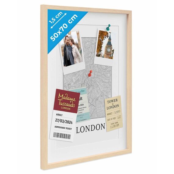 PHOTOLINI 3D Bilderrahmen zum Befüllen 50x70 Natur groß, 1,5 cm tiefer Objektrahmen mit Glas, tiefer Bilderrahmen 50x70 Holz MDF mit Passepartout, Dicker 3D Rahmen befüllbar für Gegenstände Geschenk