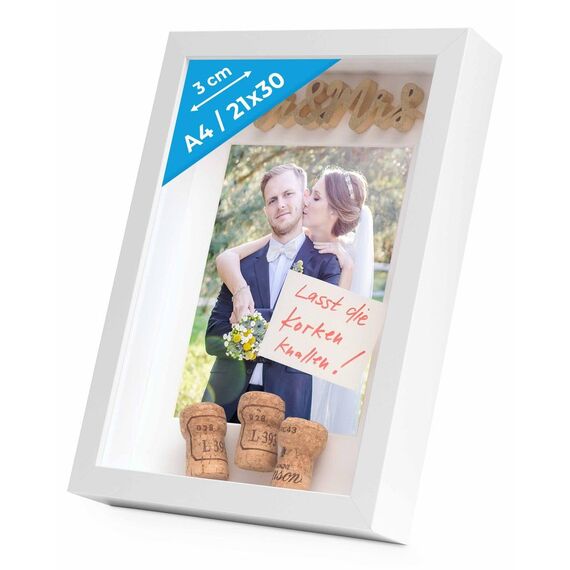 PHOTOLINI 3D Bilderrahmen zum Befüllen 21x30 A4 Weiß, 3 cm tiefer Objektrahmen mit Glas, tiefer Bilderrahmen A4 21x30 Holz MDF mit Passepartout, Dicker 3D Rahmen befüllbar für Gegenstände Geschenk