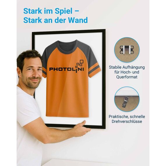PHOTOLINI Bilderrahmen Trikotrahmen Fußball 70x90, Schwarzer Bilderrahmen für Trikot, Rahmen Trikot 90x70 mit Acrylglas zum Aufhängen, Jersey Frame mit zweifarbiger Rückwand & starkem Magnetsystem