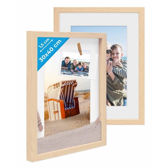 PHOTOLINI 3D Bilderrahmen zum Befüllen 30x40 Natur groß, 1,5 cm tiefer Objektrahmen mit Glas, 2X tiefer Bilderrahmen 30x40 Holz MDF mit Passepartout, Dicker 3D Rahmen befüllbar für Gegenstände